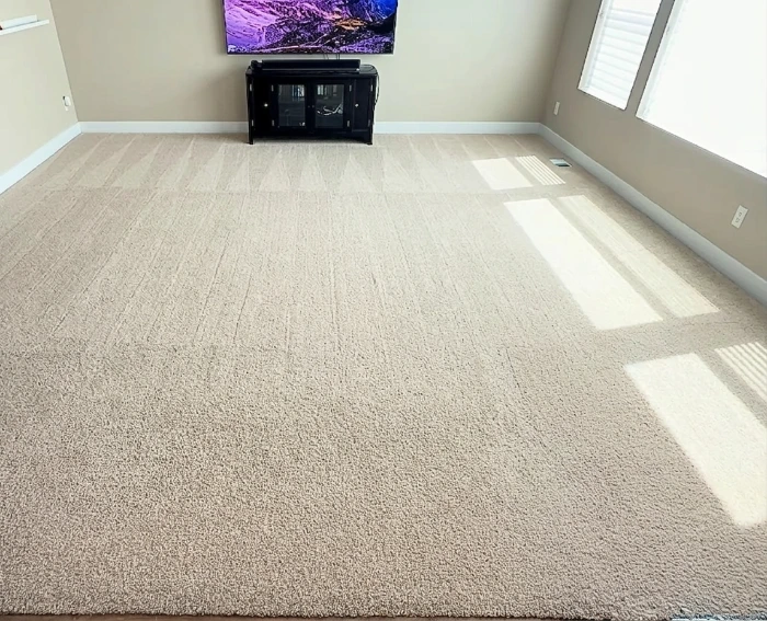 Living room carpet fully restored and brightened after truck-mounted hot water extraction — Medford Oregon